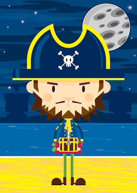 Cute Cartoon Swashbuckling Pirate Captain with Treasure Chest on the Beach by Moonlight