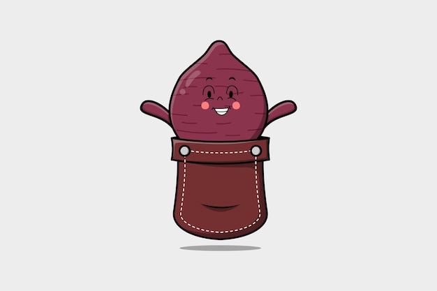 Cute cartoon sweet potato character coming out from pocket look so happy