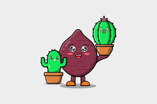 Cute cartoon Sweet potato character holding cactus plant in pot vector icon illustration