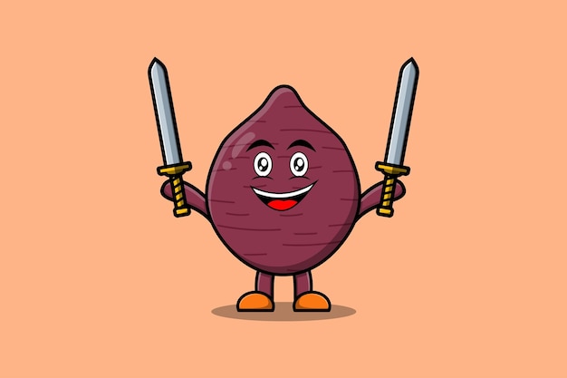 Cute cartoon Sweet potato character holding two sword in 3d modern design illustration