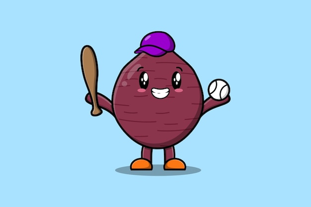 Симпатичный мультяшный персонаж из сладкого картофеля играет в бейсбол
