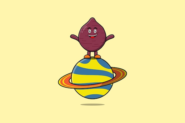 Симпатичный мультяшный персонаж сладкого картофеля, стоящий на векторной иконке планеты