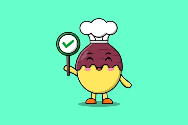cute cartoon sweet potato chef character holding correct sign board in vector character illustration