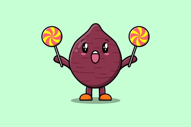 Cute cartoon Sweet potato holding lollipop candy