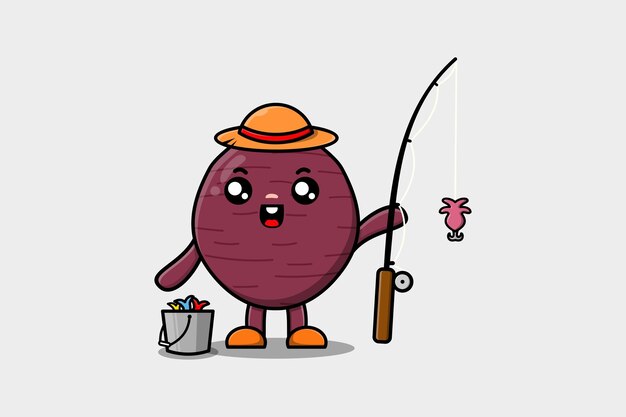 Cute cartoon sweet potato ready fishing character illustration wearing fishing equipment