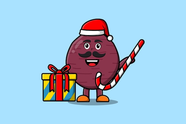 cute cartoon Sweet potato santa clause character is bringing candy cane and boxes christmas