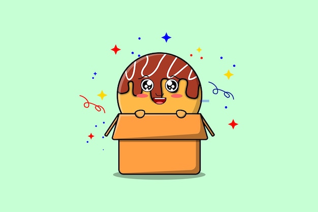 Cute cartoon Takoyaki character coming out from box in flat style cartoon vector icon illustration