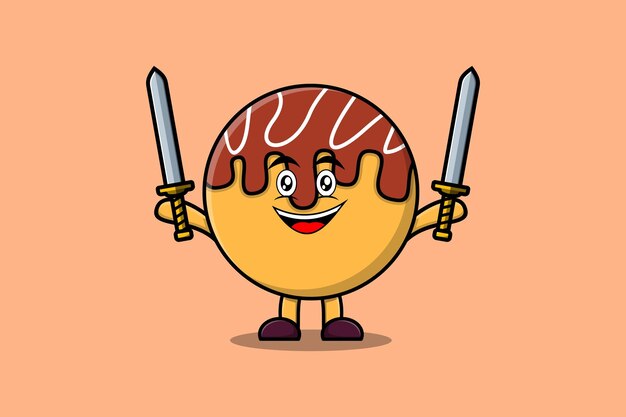 Cute cartoon Takoyaki character holding two sword in 3d modern design illustration