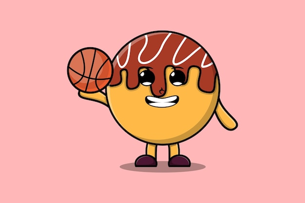 Vector cute cartoon takoyaki character playing basketball in flat modern style design illustration