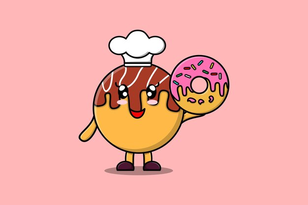 벡터 귀여운 만화 타코야끼 요리사 캐릭터 도넛