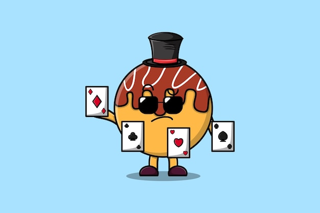 Vector cute cartoon takoyaki magician character playing magic cards in flat cartoon style illustration