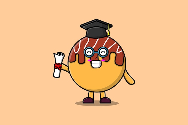 Cute cartoon Takoyaki student character on graduation day with toga in concept flat cartoon style