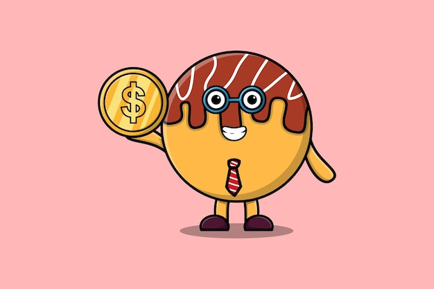 Cute cartoon Takoyaki successful businessman holding gold coin illustration
