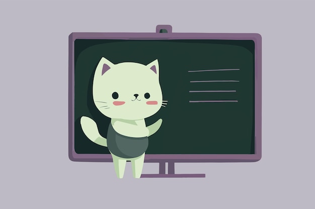 Cute cartoon teacher cat standing at the blackboard Flat illustration