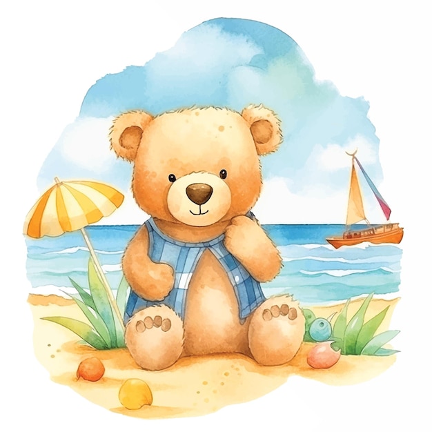 Cute cartoon teddy bear in beach watercolor ilustration