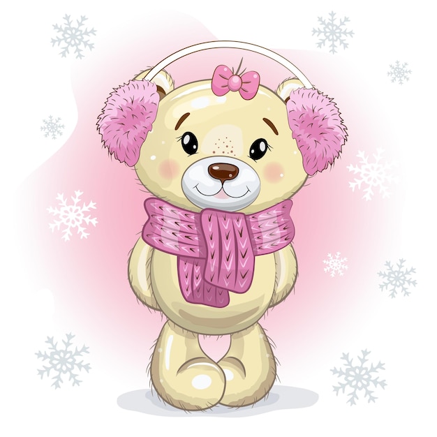 Симпатичная мультяшная девочка-мишка в меховых наушниках и шарфе на розово-белом фоне