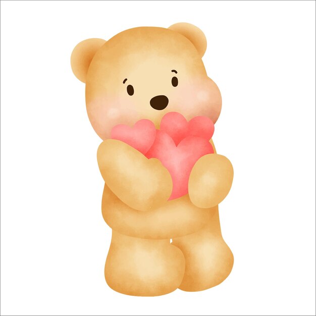Vector cute cartoon teddy bear holding a hearts watercolor style for greeting card.