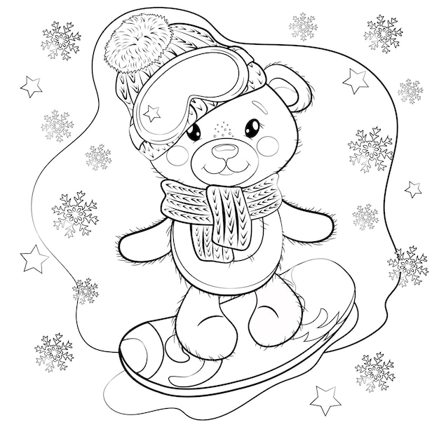 Cute Cartoon Teddy Bear in a knitted scarf hat glasses and on a snowboard