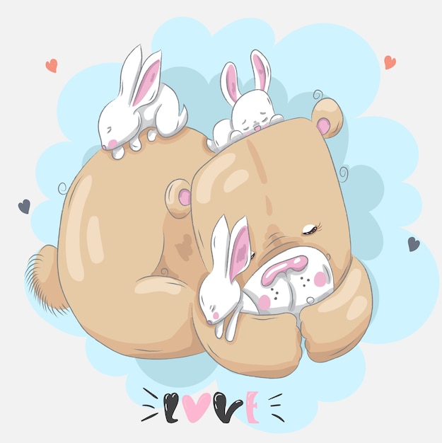 Cute cartoon Teddy bear and rabbits hand drawn.