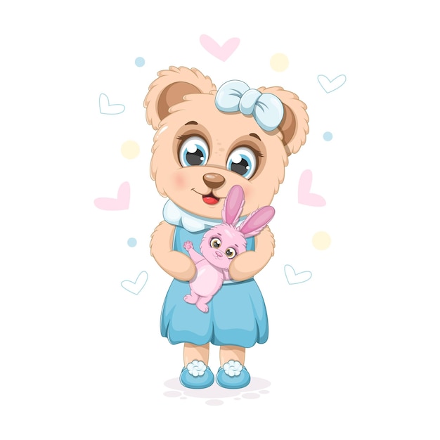 Vector cute cartoon teddy bear with a soft toy bunny