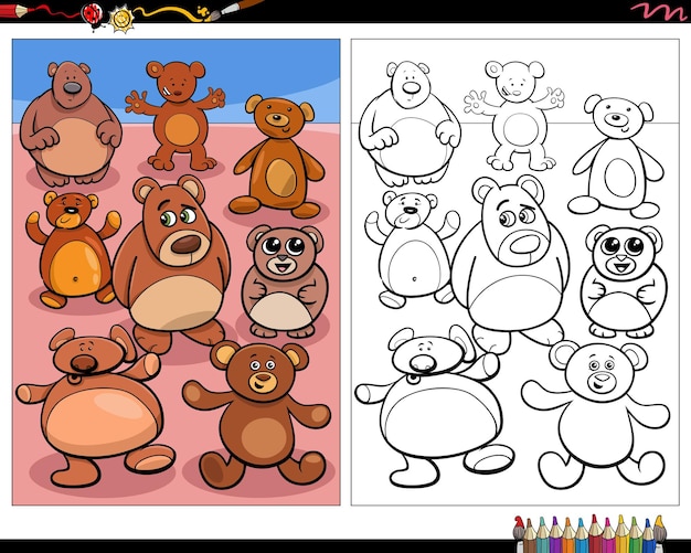 Симпатичные мультяшные плюшевые мишки персонажи раскраски страницы