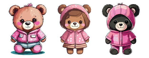 Cute cartoon teddy bears in pink