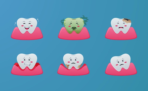 Cute cartoon teeth disease problem, gingivitis, periodontitis, bad breath, calculus, caries, illustration concept with blue background for dentist