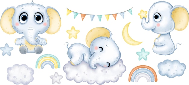 Vector cute cartoon tender elephants clouds and rainbow