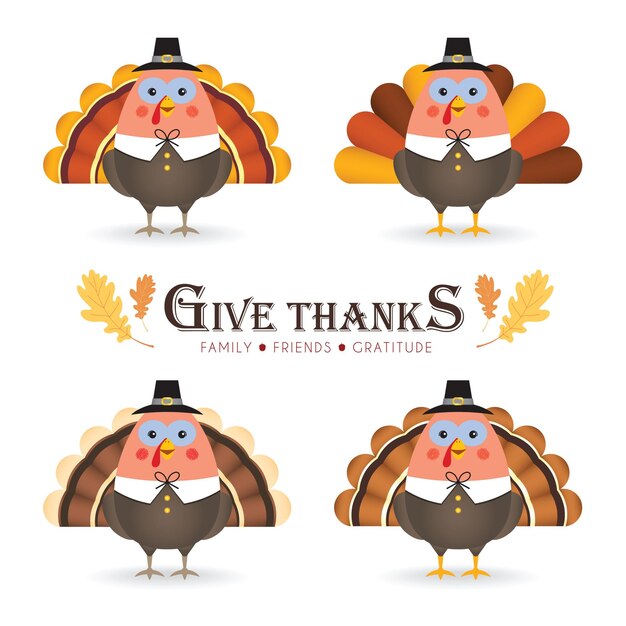 Vector cute cartoon thanksgiving pilgrim turkey bird set.