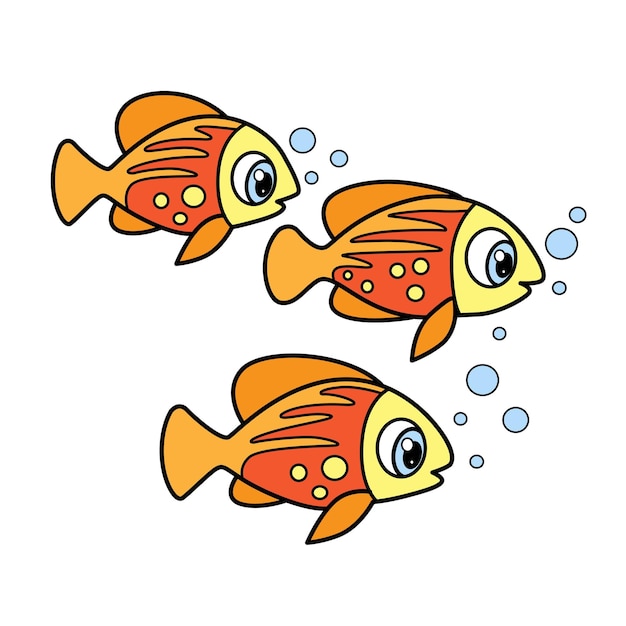 벡터 흰색 배경에 격리된 페이지를 색칠하기 위해 설명된 귀여운 만화 3가지 가지각색의 바다 물고기