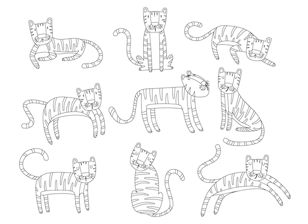 Cute cartoon tiger doodle set