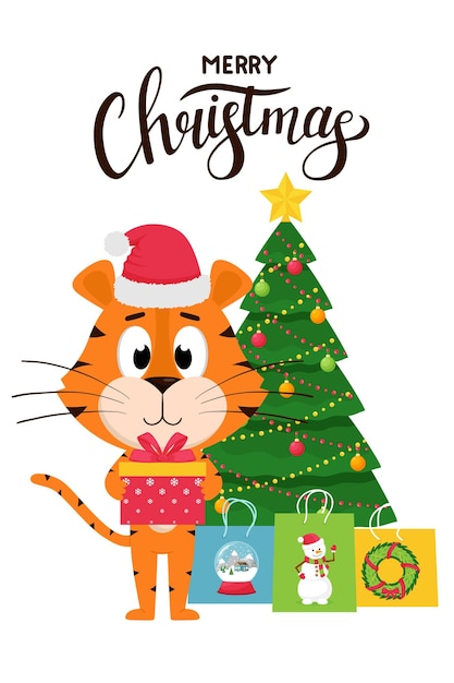 Vector a cute cartoon tiger in a hat holds a gift box on the background of a christmas tree and gift bags