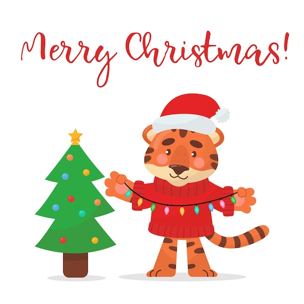 Милый мультяшный тигр в новогодней шапке украшает елку. праздничная открытка. счастливого рождества! отдельные векторные иллюстрации.