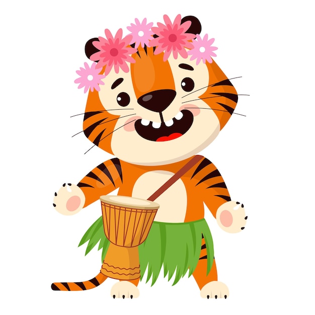 전통적인 하와이 치마를 입은 귀여운 만화 호랑이와 머리에 꽃 화환이 드럼을 연주합니다