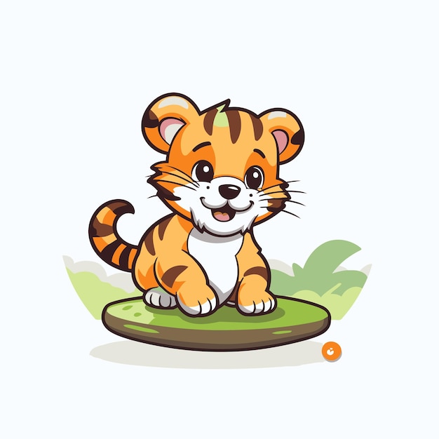 Vector cute cartoon tiger sitting on a green grass vector illustration