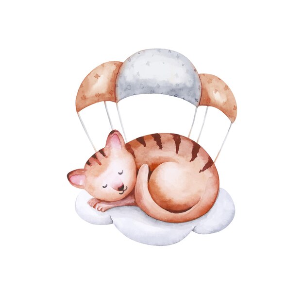 Cute cartoon tiger sleeps on cloud watercolor hand drawn illustration with white isolated background