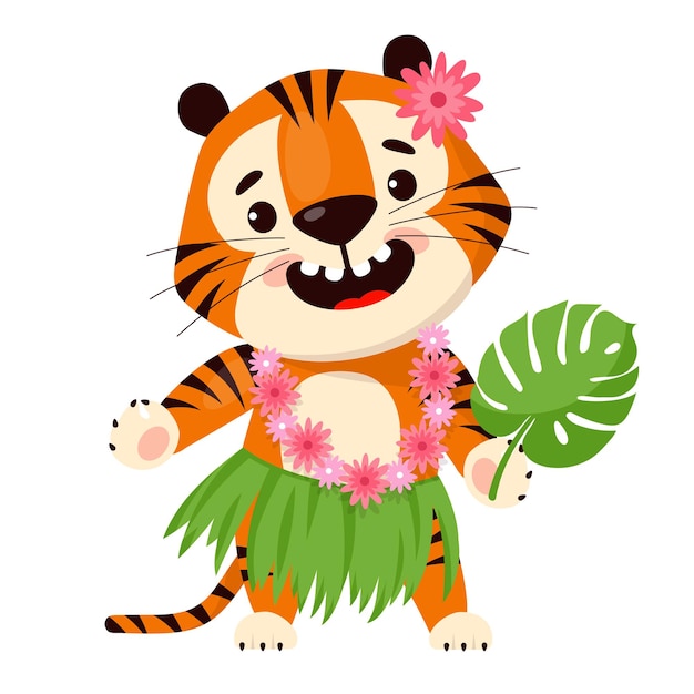 Tigre simpatico cartone animato con gonna hawaiana tradizionale e ghirlanda floreale simbolo dell'anno della tigre