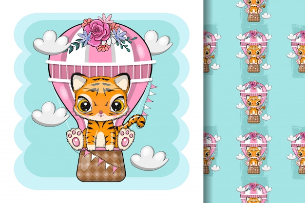 Cute cartoon tiger with air balloon