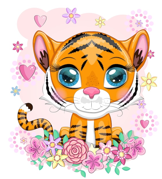 Cute cartoon tiger with beautiful eyes bright orange for greeting cards