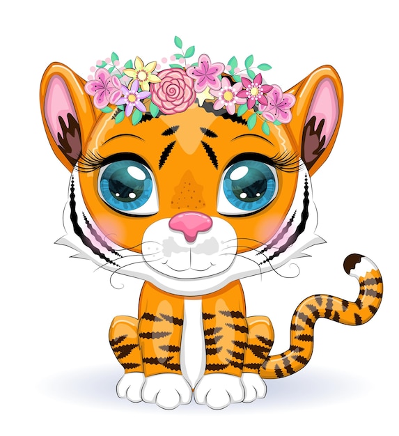 Cute cartoon tiger with beautiful eyes bright orange for greeting cards