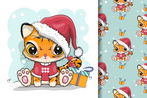 Cute cartoon tiger with christmas custom