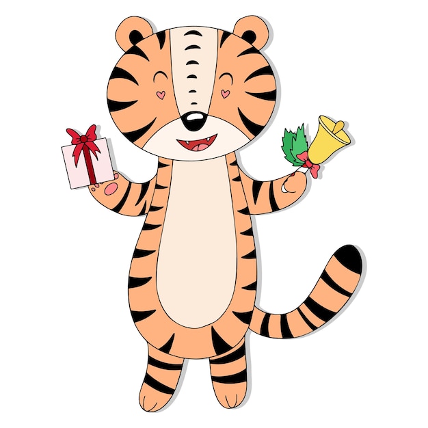 Вектор Симпатичный мультяшный тигр с элементами рождества, иллюстрация к новому году, рождеству, вектору