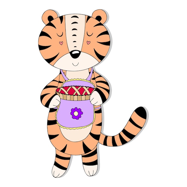 Cute cartoon tiger with pie, Thanksgiving illustration, vector