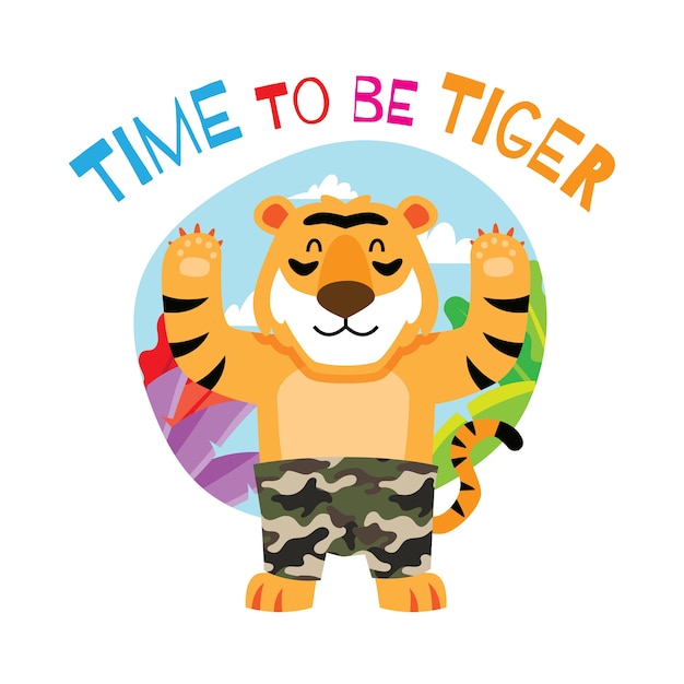 Vector cute cartoon tiger with tagline for children t-shirt design