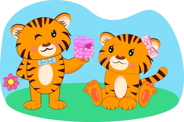 Vettore cute cartoon tigers ragazzo e ragazza il cucciolo di tigre fa un regalo