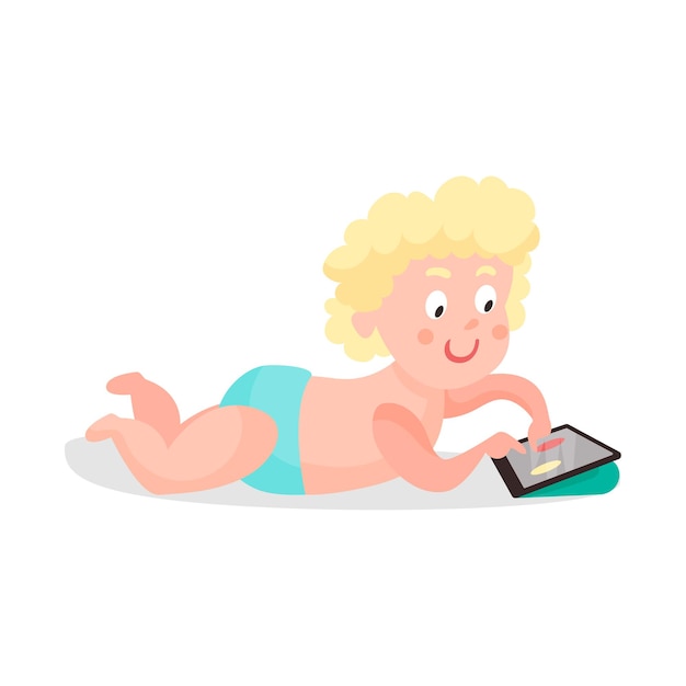 Cute cartoon toddler boy in a diaper lying on the floor and playing using tablet colorful character vector illustration isolated on a white background