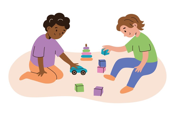 Vector cute cartoon toddlers boy and girl playing together with toys blocks stacking rings and toy car