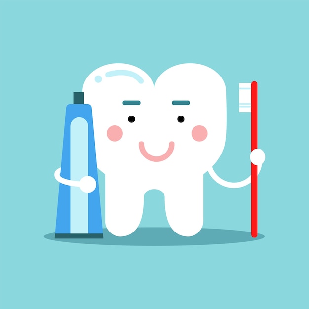 Cute cartoon tooth character brushing with toothpaste, dental vector illustration for kids on a light blue background