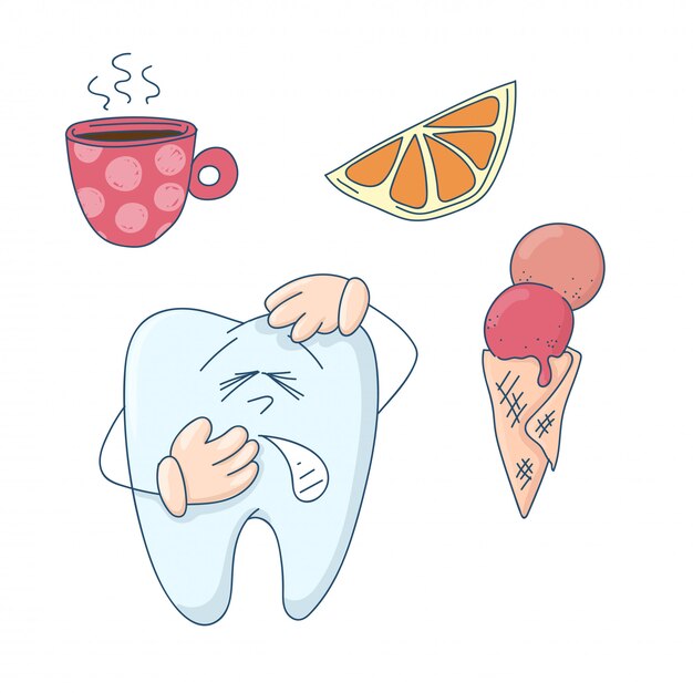 Cute cartoon tooth sensitive to hot, cold and sweet.