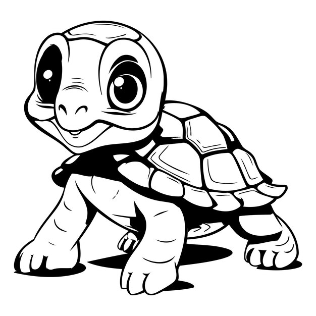 Вектор Милая мультфильмная черепаха черно-белая векторная иллюстрация для раскраски